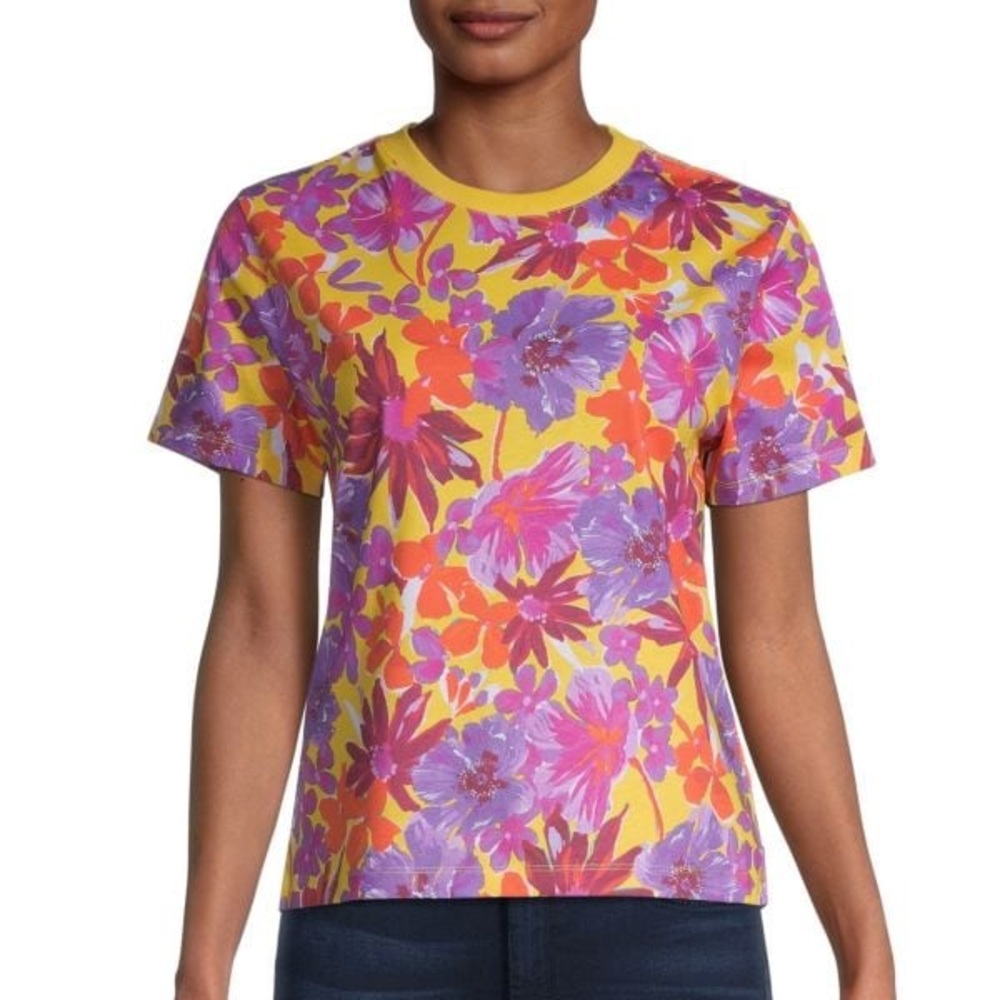Tanya Taylor Sarah Tee Yellow Floral Print Short Sleeve Crew Neck